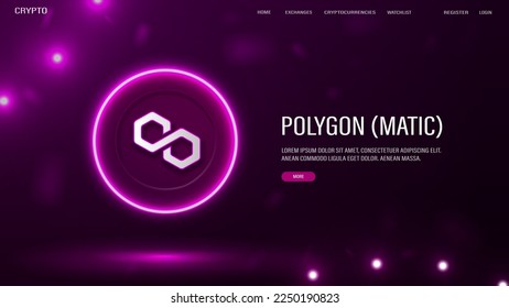 A web banner with a neon logo of the Polygon Matic cryptocurrency.