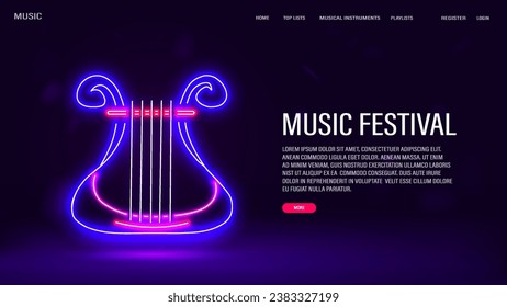 A web banner with a neon multicolored harp on a blue background with text. A concept for a music festival.