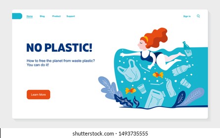 Web banner No plastic! Vector flat illustration for World Environment Day. A woman swims in sea with garbage - in water are plastic bag, glass, straw, bottle, canisters. website template