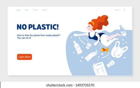 Web banner No plastic! Vector flat illustration for World Environment Day. A woman swims in sea with garbage - in water are plastic bag, glass, straw, bottle, canisters. website template