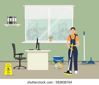 Web banner of an office cleaning lady. Young woman with a mop standing on a window background. Vector flat illustration
