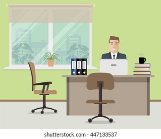 Web banner of an office worker. The man is an employee at work. There is furniture in beige color on a window background. Vector flat illustration