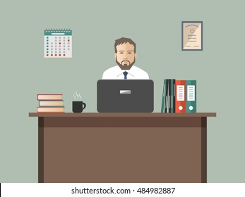 Web banner of an office worker. The man in a white shirt and a tie sits at a table at office. Vector flat illustration