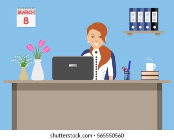 Web banner of an office worker on 8th March. The young woman sitting at the desk on the blue background. There is office objects and vases with flowers on the table. Vector illustration.