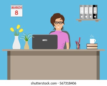 Web banner of an office worker on 8 March. The young woman sitting at the desk on the blue background. There is office objects and vases with flowers on the table. Vector illustration.