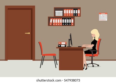 Web banner of an office worker in the room near the door. The young woman is an employee at work. There is brown furniture, red chairs, shelves with folders in the picture. Vector flat illustration