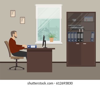 Web banner of an office worker in the room near the window. The young man is an employee at work. There is a brown furniture, chair, cabinet for documents in the picture. Vector flat illustration