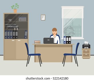 Web banner of an office worker. The young woman is an employee at work. There is furniture in beige color, blue chairs and printer on a window background. Vector flat illustration