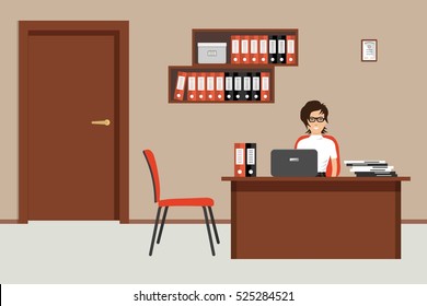 Web banner of an office worker. The young woman is an employee at work. There is brown furniture, red chairs, shelves with folders in the picture. Vector flat illustration