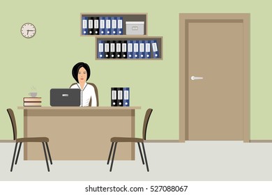 Web banner of an office worker. The young woman is an employee at work. There is beige furniture, two chairs, shelves with folders in the picture. Vector flat illustration