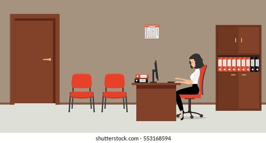 Web banner of an office worker. The young woman is an employee at work. There is a brown furniture, red chairs, a case for documents and other objects in the picture. Vector flat illustration.