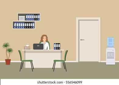 Web banner of an office worker. The young woman is an employee at work. There is a white furniture, green chairs, shelves with folders, a water cooler in the picture. Vector illustration