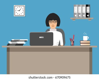 Web banner of an office worker. The young woman sitting at the desk on a blue background. There is a laptop, office objects and cup of coffee on the table. Vector illustration.
