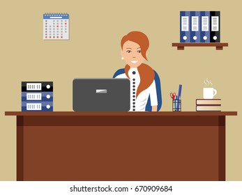 Web banner of an office worker. The young woman sitting at the desk on a beige background. There is a laptop and office objects on the table. Vector illustration.