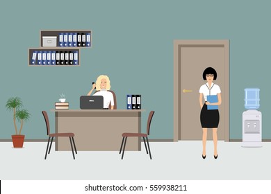 Web banner of an office workers. The young women are an employees at work. There is a beige furniture, brown chairs, shelves with folders, a water cooler in the picture. Vector illustration