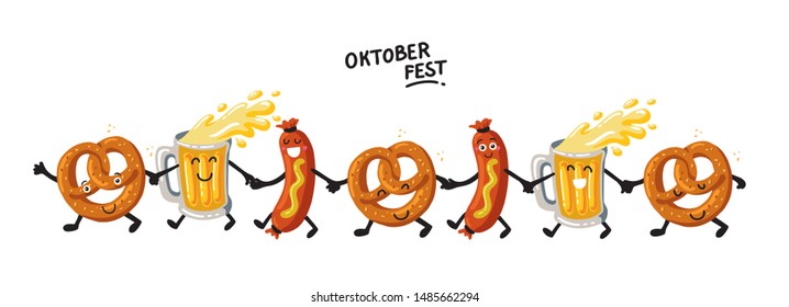 Web Banner Oktoberfest- german beer festival in Germany. Cartoon concept horizontal design. Kawaii characters mug beer, pretzel, sausage go one after another. Template flat vector illustration. 