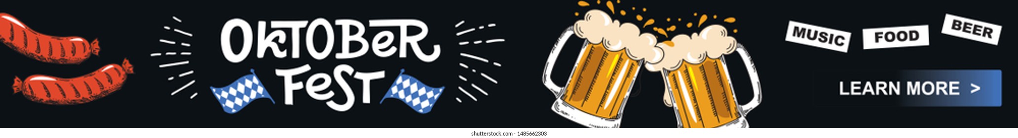 Web Banner Oktoberfest - german beer festival in Bavaria. Concept horizontal design. Mug of beer, sausage. Template flat vector illustration. 