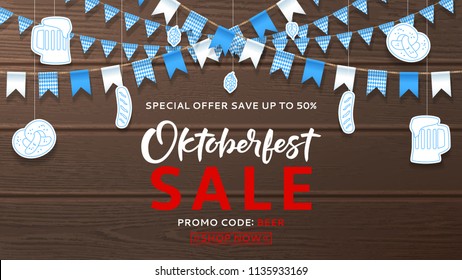 Web banner for Oktoberfest sale. Vector illustration with realistic garlands and paper objects hanging on background of wooden texture. Seasonal offer with discount.