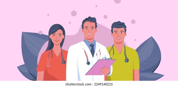 Web banner on medical theme with cartoon characters, flat vector illustration - doctors team two man and woman with leafs onthe background - kindly medical illustration