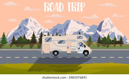 web banner on the theme of Road trip, Adventure, Trailering, Camping, outdoor recreation, adventures in nature, vacation. vector illustration in flat design.