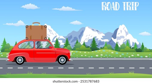 web banner on the theme of Road trip, Adventure, vintage car, outdoor recreation, adventures in nature, vacation. vector illustration in flat design.