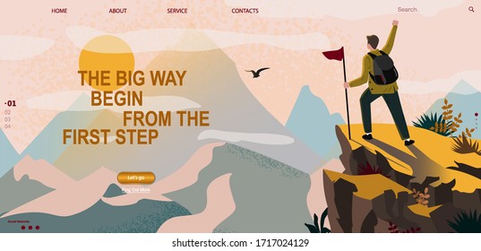 Web banner on the theme of sport tourism, Climbing, hiking, walking. Man with flag and backpack enjoys mountain view and nature. Sports, outdoor recreation, adventures in nature, vacation. Vector