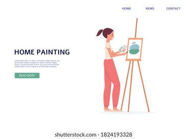 Web banner on topic of home painting with woman standing near easel, flat vector illustration on white background. Landing page for home painting hobby and art education.