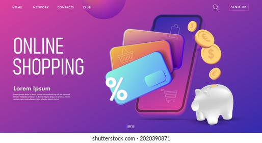 Web Banner For Online Banking With 3d Illustration Of Credit Cards With Coins And Mobile Phone, Saving Money Pig Metaphore, Landing Page On Purple Backdrop