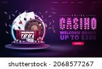 Web banner for online casino with button, slot machine, Casino Roulette, poker chips and playing cards on podium with round neon frame