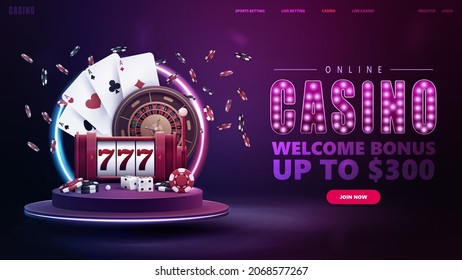 Web banner for online casino with button, slot machine, Casino Roulette, poker chips and playing cards on podium with round neon frame