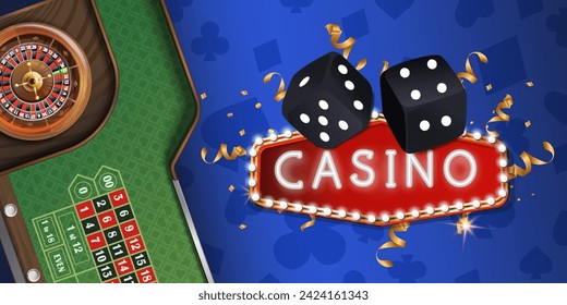 Web banner for online casino with button, slot machine, Casino Roulette, poker chips and playing cards on podium