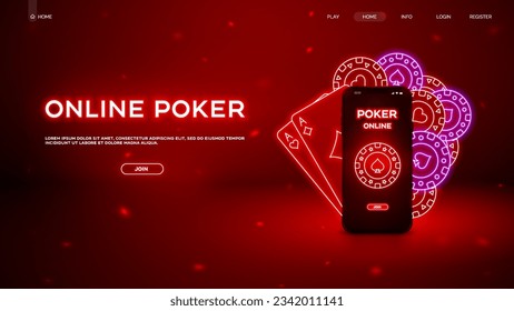 Web banner Online Poker. Poker Casino with neon chips and playing cards. Vector illustration