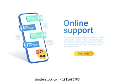 web banner with online support concept. Helpdesk helps to cope with guidance. Call center operator view. mobile phone and chat with call center operator icon. vector illustration.