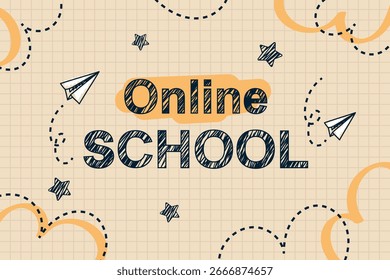 Anuncio de Web “Aprendizaje en línea” con aviones de papel. Cartel de educación creativa sobre fondo de cuaderno escolar a cuadros. Ilustración vectorial.
