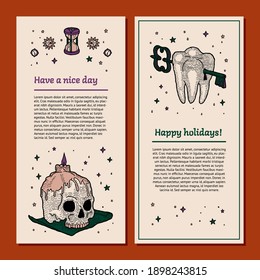 Web Banner and Paper Template of Boho elements. Ready to use Set of Magic and Mystic Backgrounds in Vintage Retro Style. Human Skull with Wax Candle, Human Tooth with Old Key. Boho and Gypsy stylized