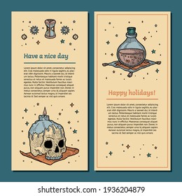 Web Banner and Paper Template of Boho elements. Ready to use Set of Magic and Mystic Backgrounds in Vintage Retro Style. Human Skull with Wax Candle, Glass Bottle Poison Potion. Boho and Gypsy