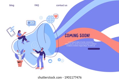 Web banner with  people shouting on megaphone and coming soon text, cartoon vector illustration. Website page for business announcement and  promotion.