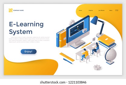 Web banner with people or students sitting at desks in front of giant computer screen and studying. Opportunities in distance learning and e-learning system. Colorful isometric vector illustration.