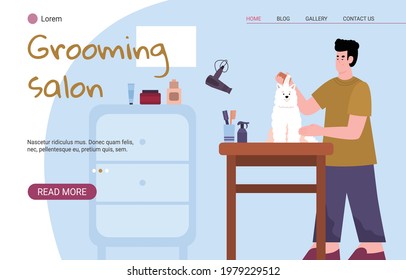 Web banner for pets care grooming salon with cartoon characters of groom and cute dog, flat vector illustration. Washing, hygiene and grooming pet services.