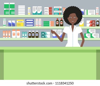 Web banner of a pharmacist. Cute black woman in the workplace in a pharmacy: standing in front of shelves with medicines. Vector illustration in a cartoon style