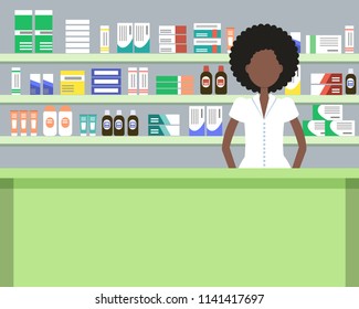 Web banner of a pharmacist. Cute black woman in the workplace in a pharmacy: standing in front of shelves with medicines. People icon. Vector illustration in a cartoon style