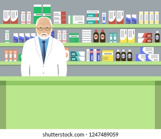 Web banner of a pharmacist. Old man in the workplace in a pharmacy: standing in front of green shelves with medicines. Vector illustration