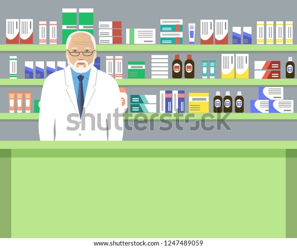Web Banner Pharmacist Old Man Workplace Stock Vector Royalty Free