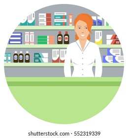 Web banner of a pharmacist in a round shape. Young woman in the workplace in a pharmacy: standing in front of shelves with medicines. Vector illustration