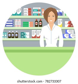 Web banner of a pharmacist in a round shape. Young woman in the workplace in a pharmacy: standing in front of shelves with medicines. Vector illustration