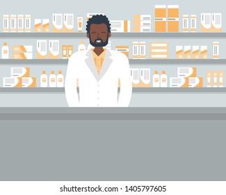 Web banner of a pharmacist. Young black man in the workplace in a pharmacy: standing in front of shelves with medicines. Funny flat style. Vector illustration