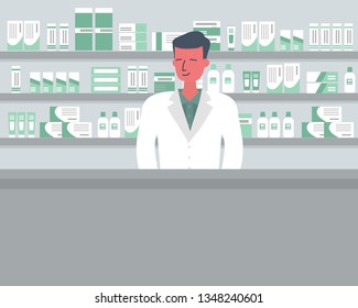 Web banner of a pharmacist. Young man in the workplace in a pharmacy: standing in front of shelves with medicines. Funky flat style. Vector illustration