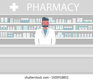 Web banner of a pharmacist. Young man in the workplace in a pharmacy: standing in front of shelves with medicines. Vector flat illustration