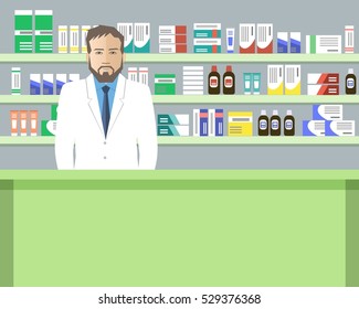 Web banner of a pharmacist. Young man in the workplace in a pharmacy: standing in front of shelves with medicines. Vector illustration