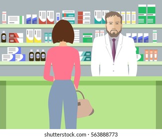 Web banner of a pharmacist. Young man in the workplace in a pharmacy: standing in front of shelves with medicines. Vector illustration.